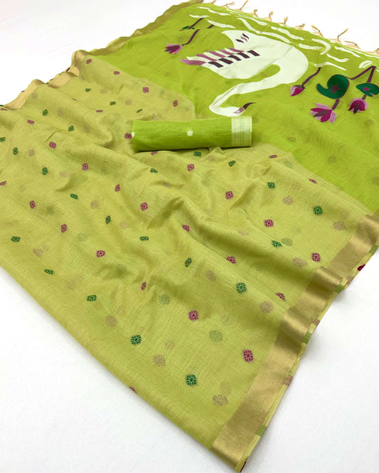 Smart Green Pure Munga Cotton Silk Saree With Enchanting Blouse Piece