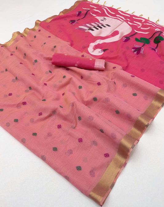 Classy Pink Pure Munga Cotton Silk Saree With Beauteous Blouse Piece