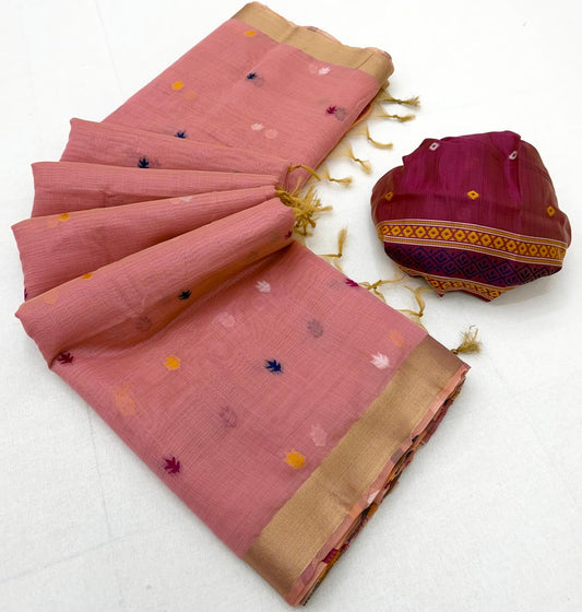 Inimitable Pink Pure Munga Cotton Silk Saree With Transcendent Blouse Piece