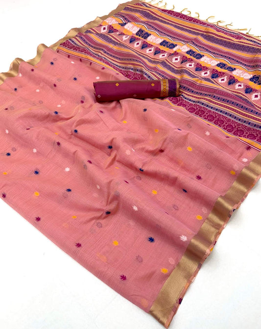 Inimitable Pink Pure Munga Cotton Silk Saree With Transcendent Blouse Piece