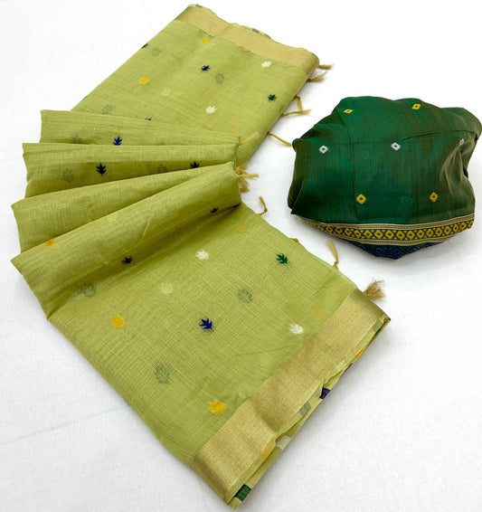 Blooming Green Pure Munga Cotton Silk Saree With Tremendous Blouse Piece