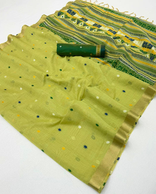 Blooming Green Pure Munga Cotton Silk Saree With Tremendous Blouse Piece