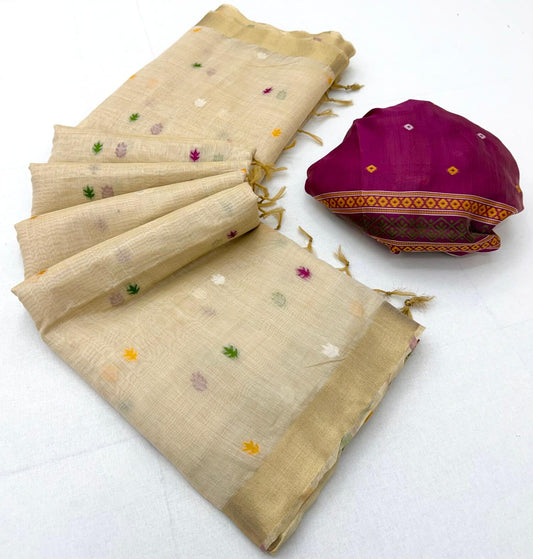 Petrichor Beige Pure Munga Cotton Silk Saree With Demanding Blouse Piece