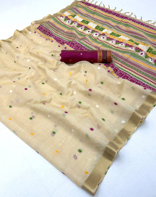 Petrichor Beige Pure Munga Cotton Silk Saree With Demanding Blouse Piece