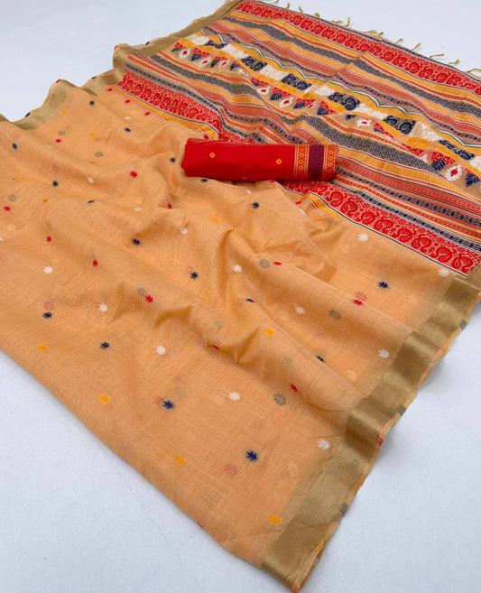 Designer Peach Pure Munga Cotton Silk Saree With Desiring Blouse Piece