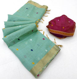 Fugacious Sea Green Pure Munga Cotton Silk Saree With Prettiest Blouse Piece