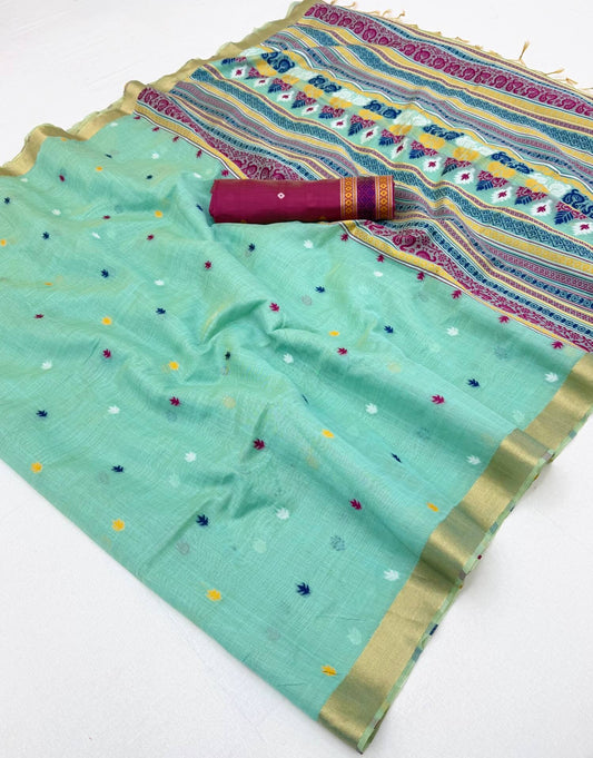 Fugacious Sea Green Pure Munga Cotton Silk Saree With Prettiest Blouse Piece