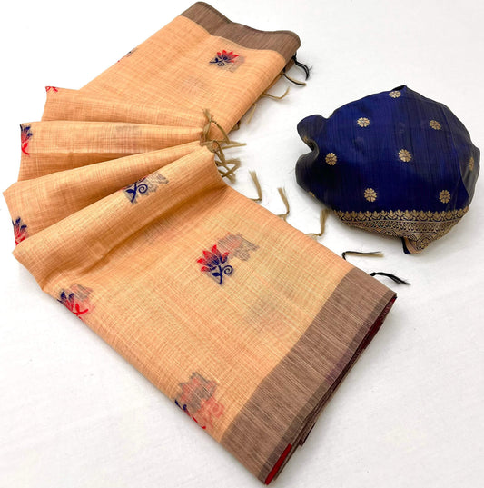 Posh Peach Pure Munga Cotton Silk Saree With Extraordinary Blouse Piece