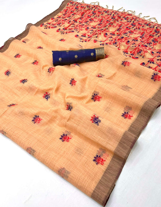 Posh Peach Pure Munga Cotton Silk Saree With Extraordinary Blouse Piece