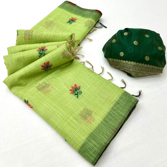 Brood Pista Pure Munga Cotton Silk Saree With Alluring Blouse Piece