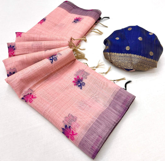 Elaborate Pink Pure Munga Cotton Silk Saree With Exquisite Blouse Piece