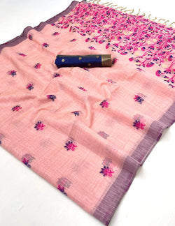 Elaborate Pink Pure Munga Cotton Silk Saree With Exquisite Blouse Piece