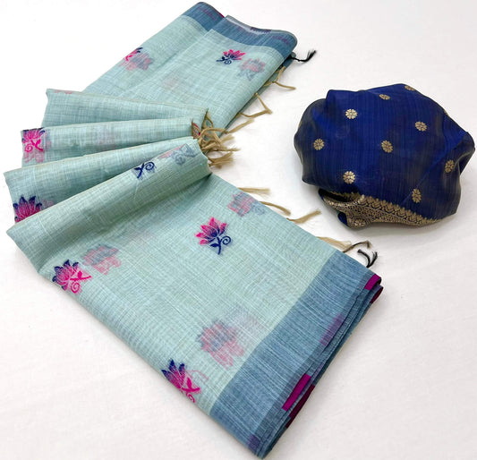 Lassitude Sea Green Pure Munga Cotton Silk Saree With Nebula Blouse Piece
