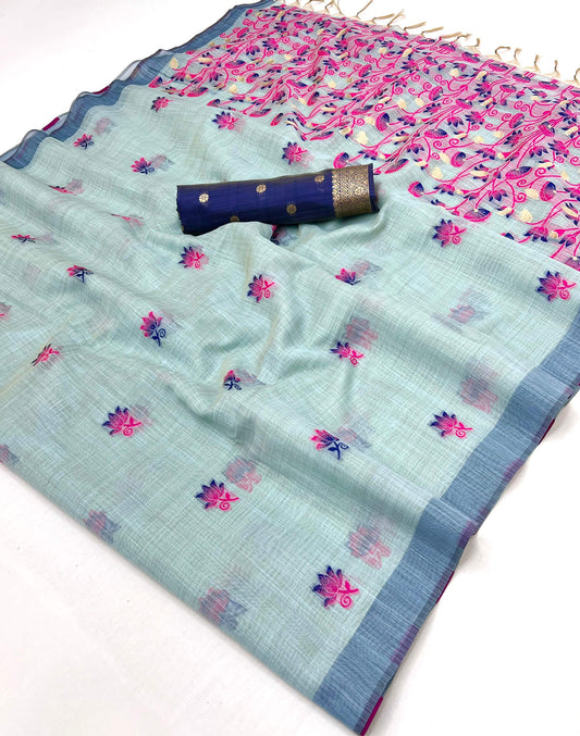 Lassitude Sea Green Pure Munga Cotton Silk Saree With Nebula Blouse Piece