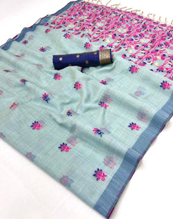 Lassitude Sea Green Pure Munga Cotton Silk Saree With Nebula Blouse Piece