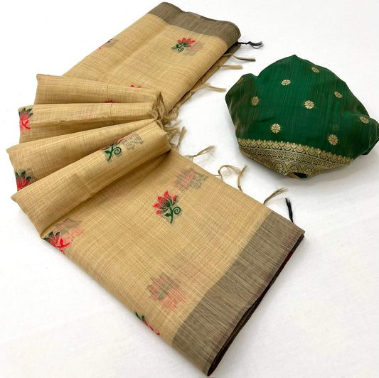 Blooming Beige Pure Munga Cotton Silk Saree With Charming Blouse Piece