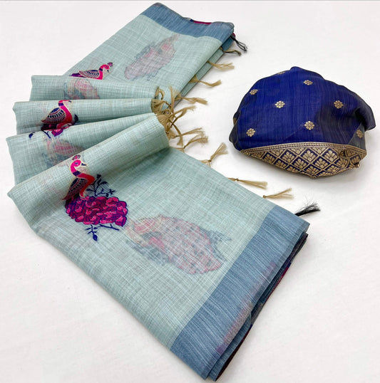 Vibrant Sky Pure Munga Cotton Silk Saree With Splendiferous Blouse Piece