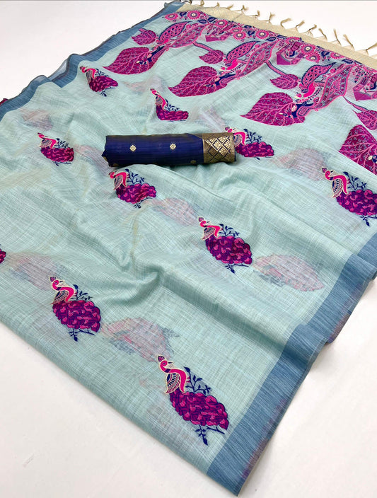 Vibrant Sky Pure Munga Cotton Silk Saree With Splendiferous Blouse Piece