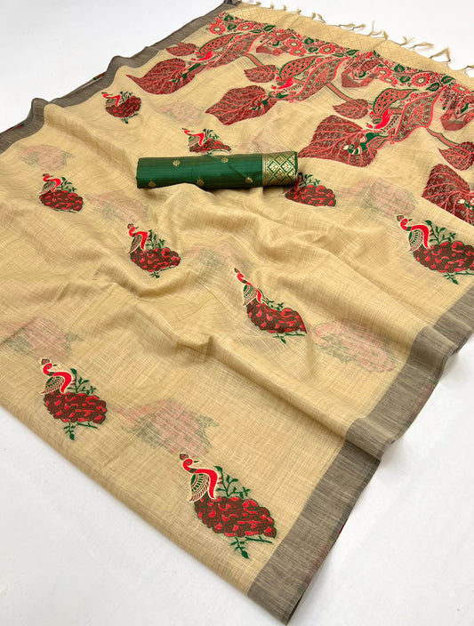 Zephyr Yellow Pure Munga Cotton Silk Saree With Demesne Blouse Piece