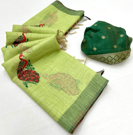 Divine Parrot Pure Munga Cotton Silk Saree With Rhapsody Blouse Piece