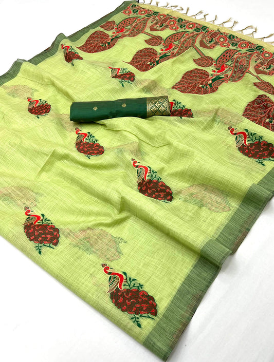 Divine Parrot Pure Munga Cotton Silk Saree With Rhapsody Blouse Piece