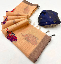 Improbable Peach Pure Munga Cotton Silk Saree With Gleaming Blouse Piece