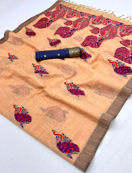 Improbable Peach Pure Munga Cotton Silk Saree With Gleaming Blouse Piece