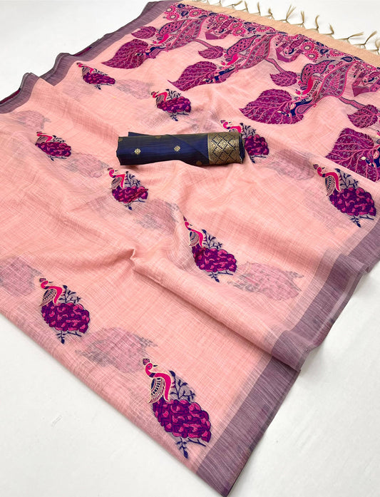 Imbrication Pink Pure Munga Cotton Silk Saree With Prodigal Blouse Piece