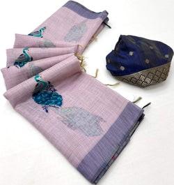 Embellished Lavender Pure Munga Cotton Silk Saree With Entrancing Blouse Piece