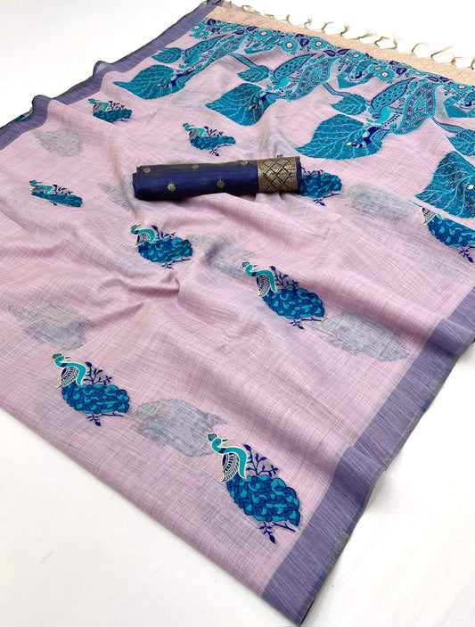 Embellished Lavender Pure Munga Cotton Silk Saree With Entrancing Blouse Piece