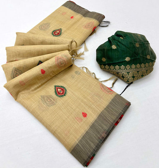 Magnificat Beige Pure Munga Cotton Silk Saree With Sensational Blouse Piece