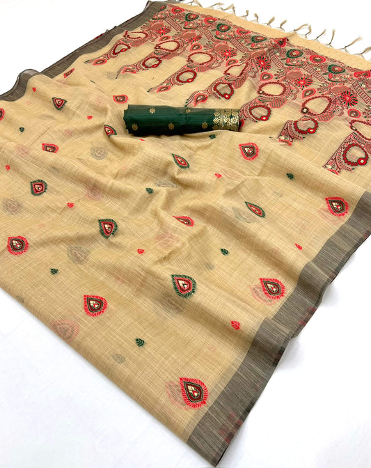 Magnificat Beige Pure Munga Cotton Silk Saree With Sensational Blouse Piece