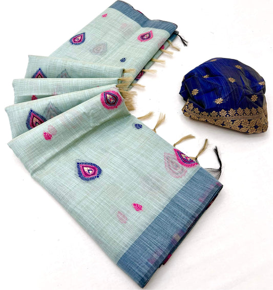 Angelic Sea Green Pure Munga Cotton Silk Saree With Enthralling Blouse Piece