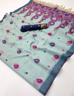 Angelic Sea Green Pure Munga Cotton Silk Saree With Enthralling Blouse Piece
