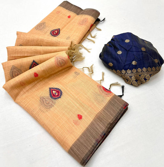 Majestic Peach Pure Munga Cotton Silk Saree With Demure Blouse Piece