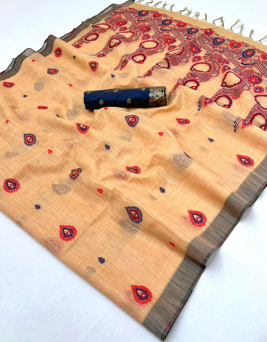 Majestic Peach Pure Munga Cotton Silk Saree With Demure Blouse Piece