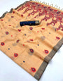 Majestic Peach Pure Munga Cotton Silk Saree With Demure Blouse Piece
