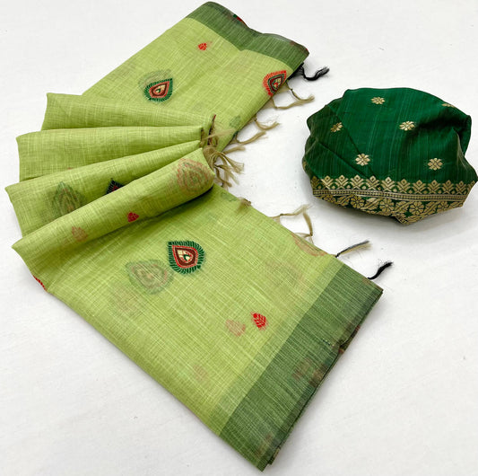 Preferable Pista Pure Munga Cotton Silk Saree With Refreshing Blouse Piece