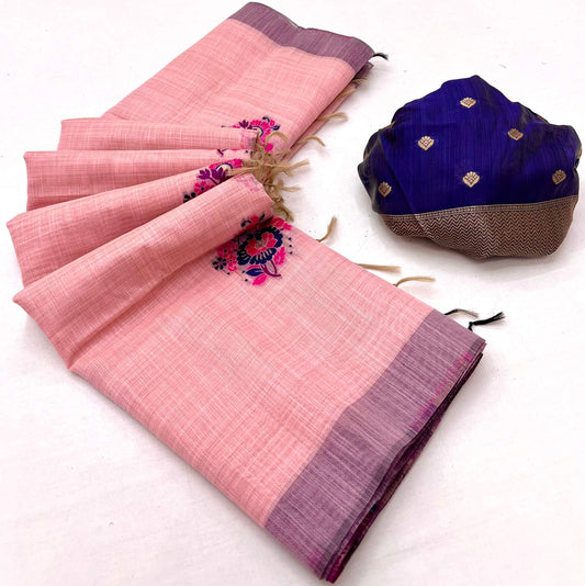 Evanescent Pink Pure Munga Cotton Silk Saree With Classic Blouse Piece