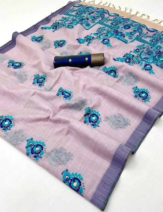 Grandiose Lavender Pure Munga Cotton Silk Saree With Innovative Blouse Piece