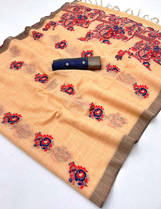 Quixotic Peach Pure Munga Cotton Silk Saree With Invaluable Blouse Piece