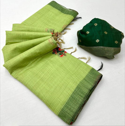 Girlish Parrot Pure Munga Cotton Silk Saree With Hypnotic Blouse Piece