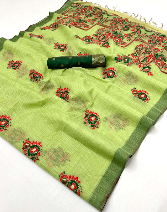 Girlish Parrot Pure Munga Cotton Silk Saree With Hypnotic Blouse Piece