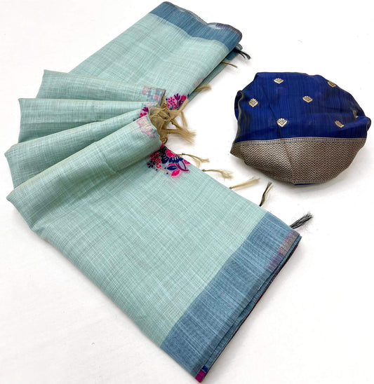 Winsome Sky Pure Munga Cotton Silk Saree With Lustrous Blouse Piece