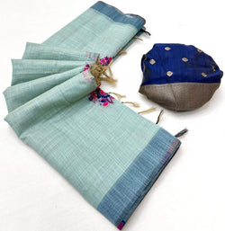 Winsome Sky Pure Munga Cotton Silk Saree With Lustrous Blouse Piece
