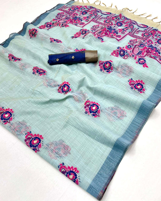 Winsome Sky Pure Munga Cotton Silk Saree With Lustrous Blouse Piece