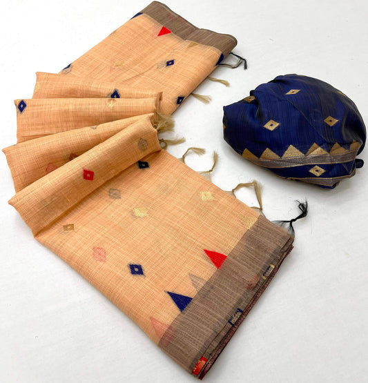 Opulent Peach Pure Munga Cotton Silk Saree With Brood Blouse Piece