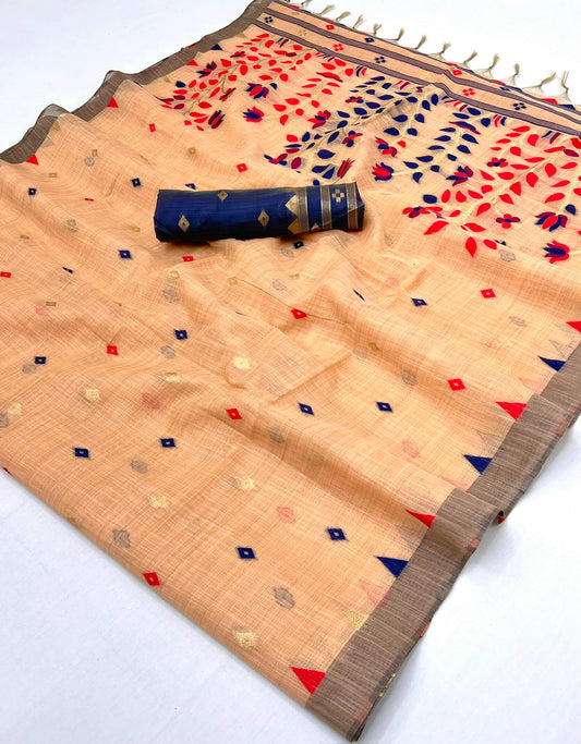 Opulent Peach Pure Munga Cotton Silk Saree With Brood Blouse Piece