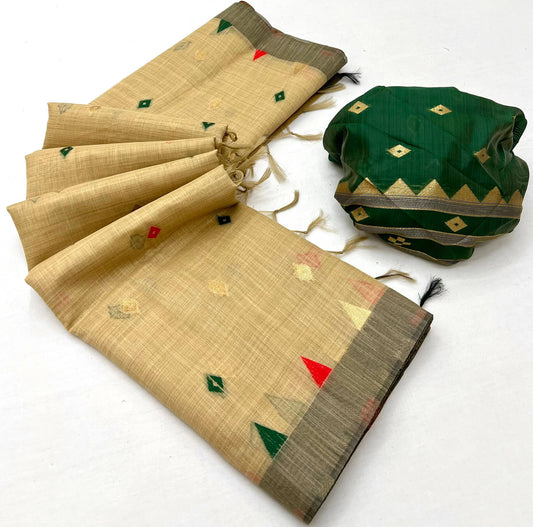 Jazzy Beige Pure Munga Cotton Silk Saree With Efflorescence Blouse Piece