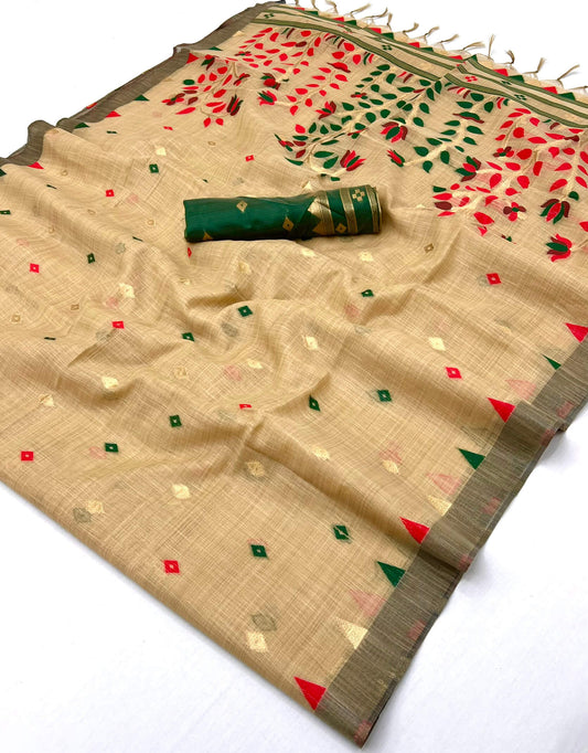 Jazzy Beige Pure Munga Cotton Silk Saree With Efflorescence Blouse Piece